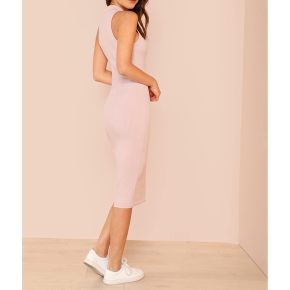 Blush Pink Halter Bodycon Ribbed Midi Dress - Picture 2 of 6